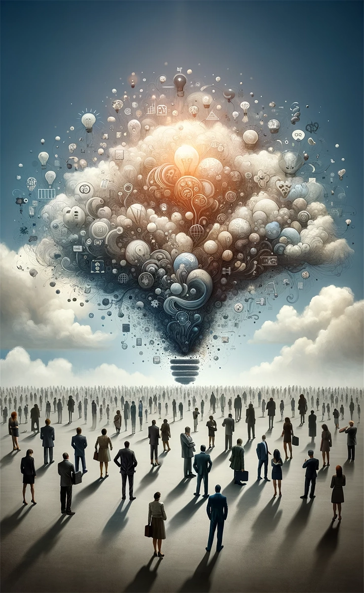 Conceptual depiction of ideas shaped like a lightbulb in the sky over a large silhoetted crowd.