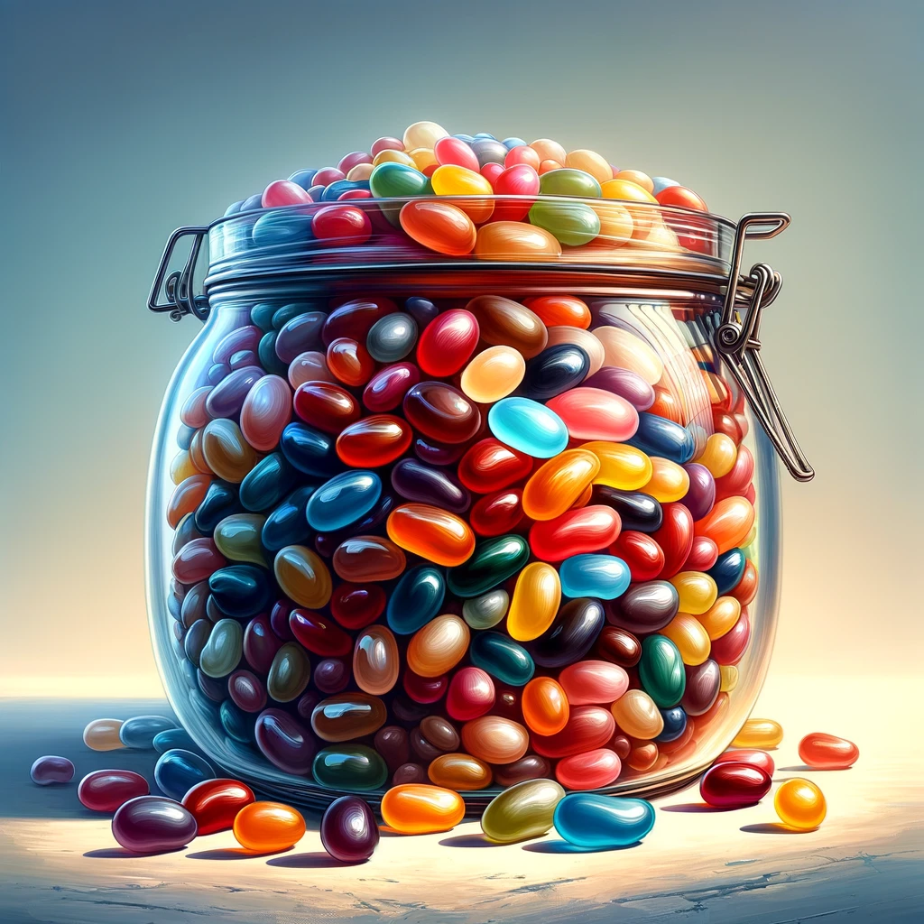 Artistic representation of jellybeans in a jar.