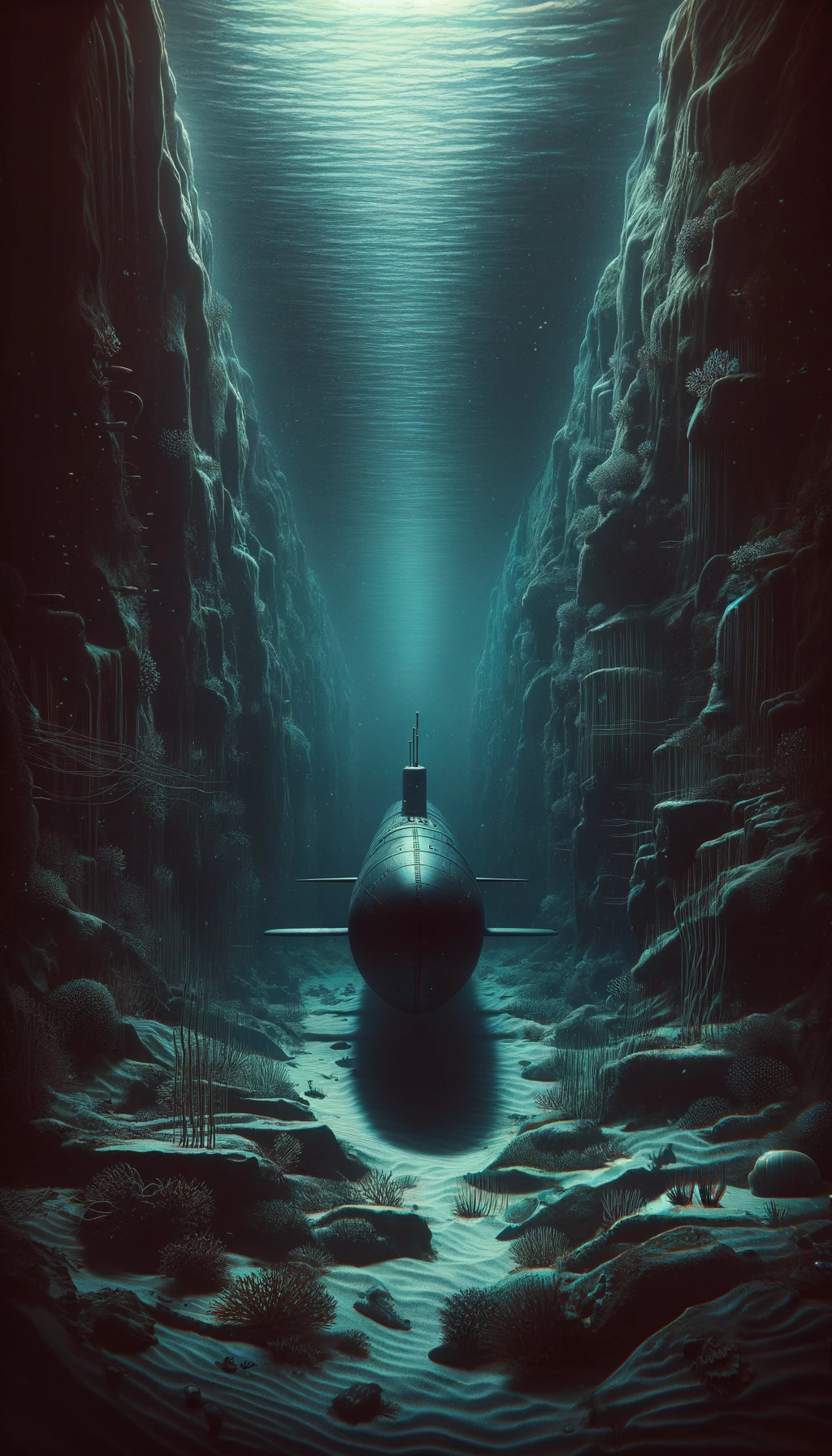 Artistic representation of a submarine at the bottom of the ocean